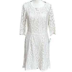 Nicole Miller NY Lace Midi Dress 14 Cream Black Floral Open Back Bow Cocktail